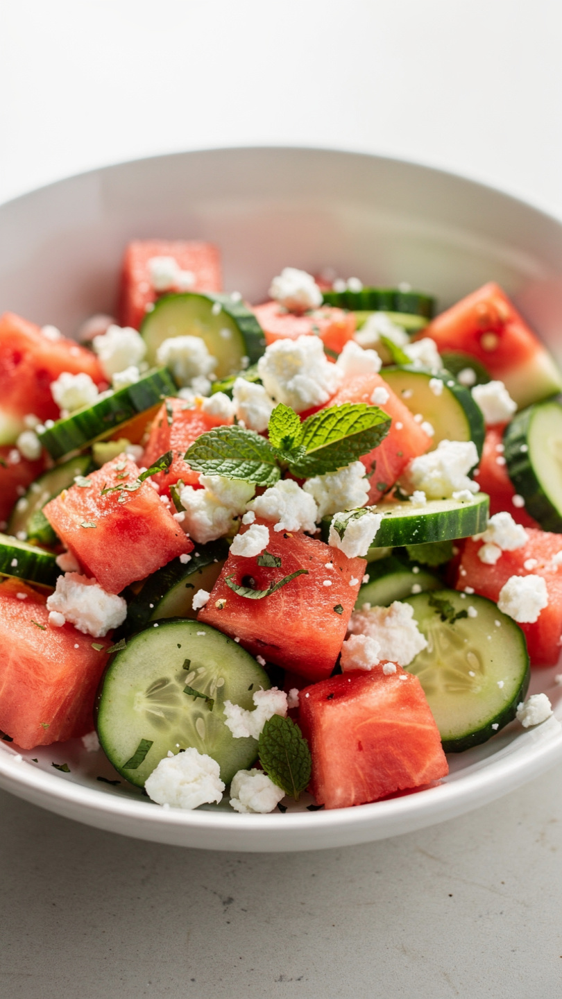 Watermelon Cucumber Feta Salad with Fresh Mint